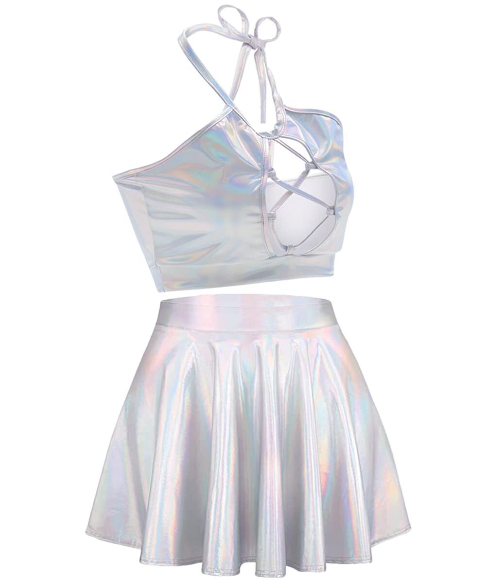 6444 Rave Outfit Sets Festivals 2 Pcs Metallic Tops long Skirt EDM Party